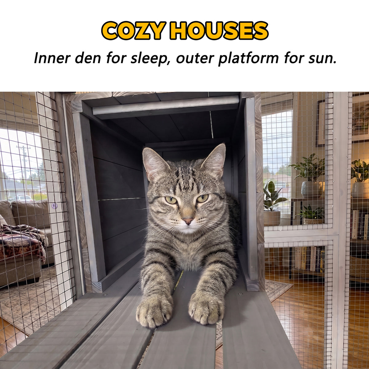 Gray Wooden Catio Pet Enclosure with Waterproof Top, Spacious and Secure Cat House & Small Animal Cage,2 Napping Boxes