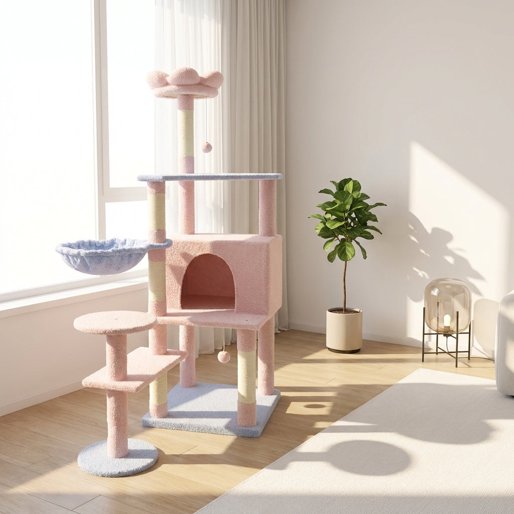 flower cat tree with large condo removable flower cushion and hammock pink