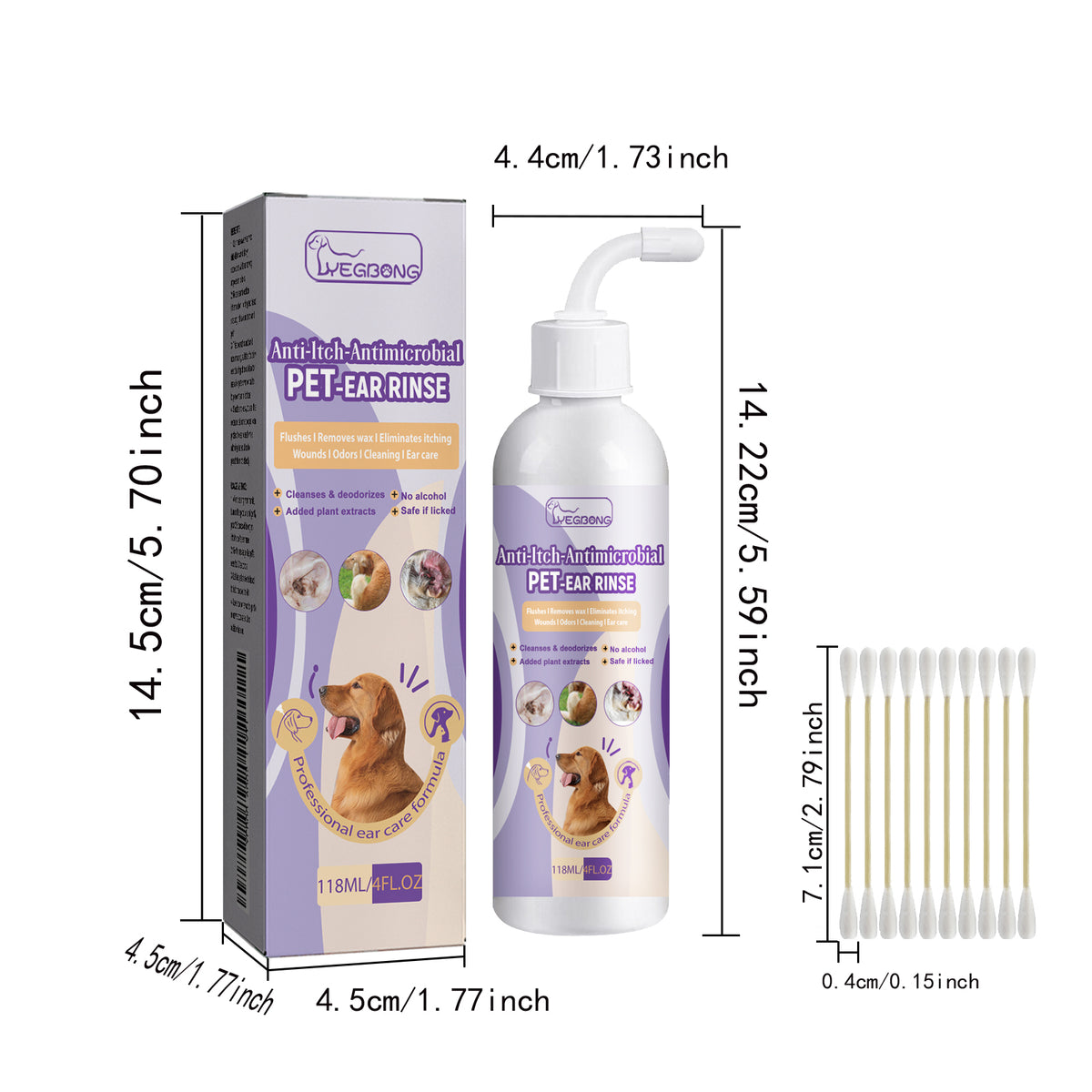 118ml Pet Ear Rinse Cleaner With Glycerin & Disodium EDTA, Anti-Itch Antimicrobial Ear Wash For Dogs Cats, Alcohol-Free 