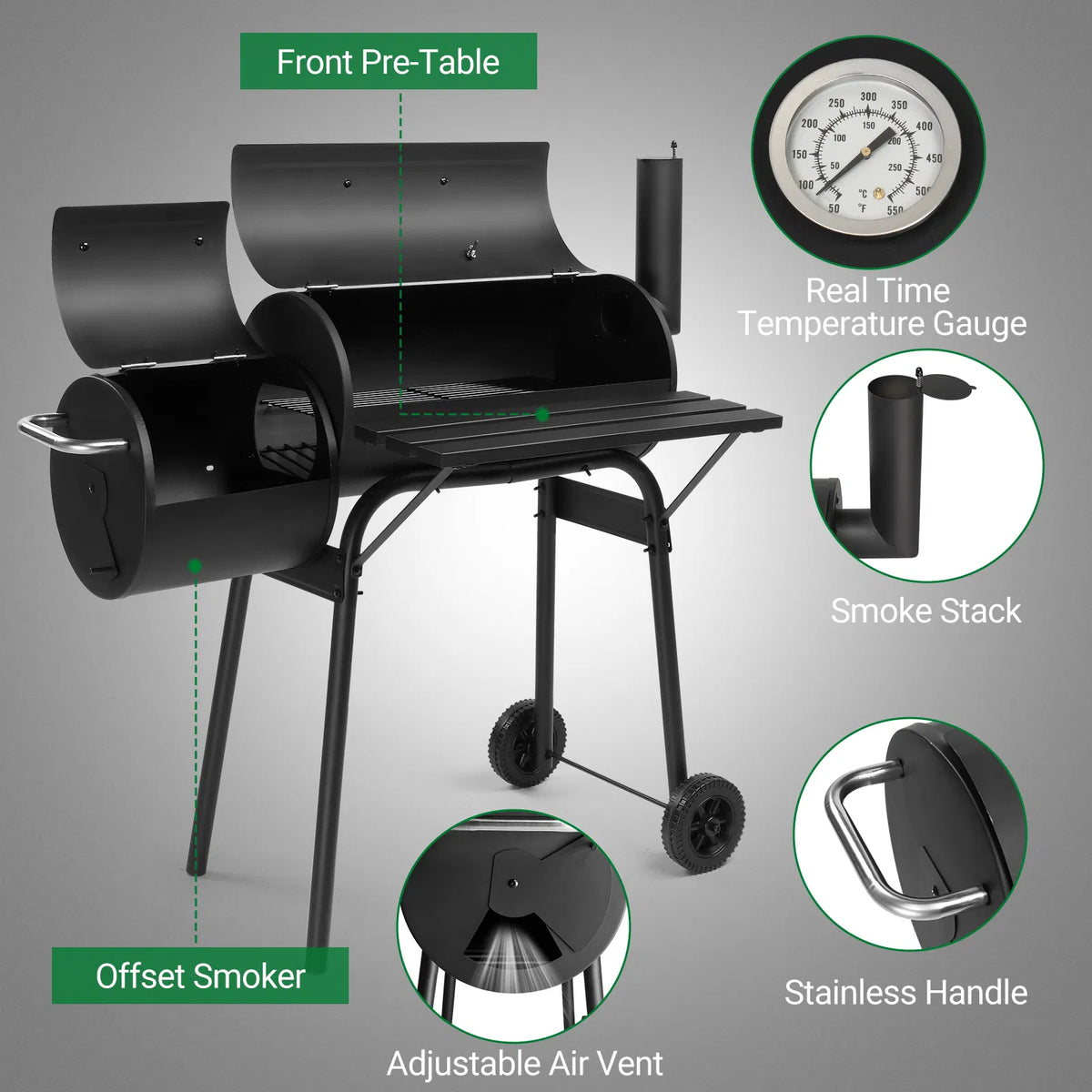 Barrel Charcoal Grill with Offset Smoker, All Metal Outdoor Smoker with Side Table and Wheels for Outdoor Garden Patio a