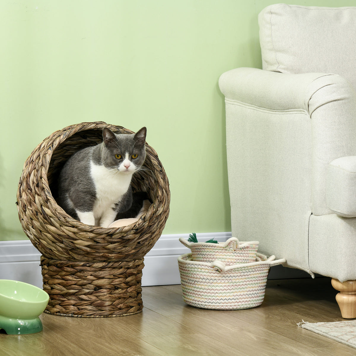 Handwoven Elevated Cat Bed with Soft Cushion & Egg Chair Shape, Basket Bed Kitty House with Stand, Raised Wicker House f