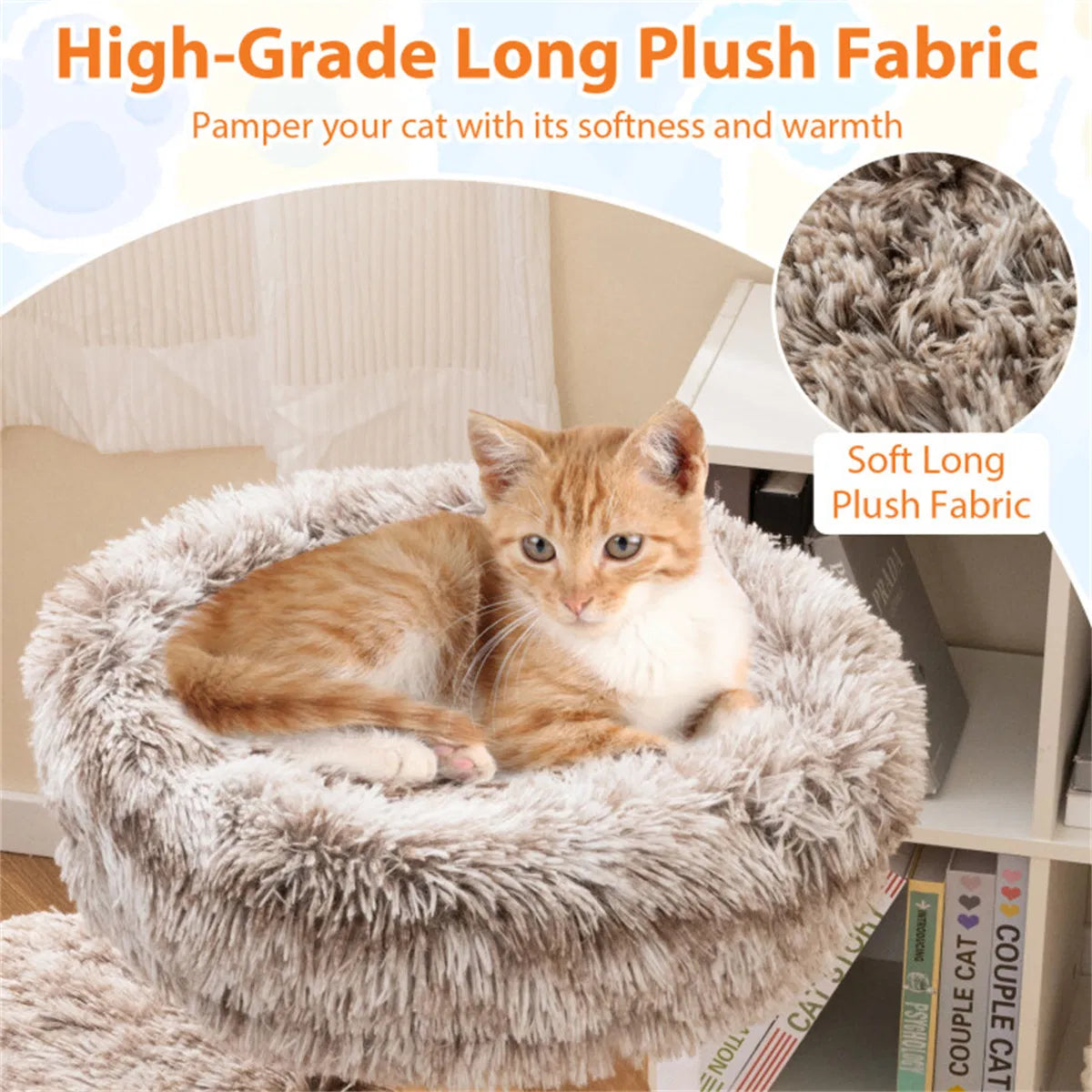 4-Level Natural Pear Wood Cat Tree - 19.5"x35.5", Jute Scratch Posts + Plush Ball, Long Plush