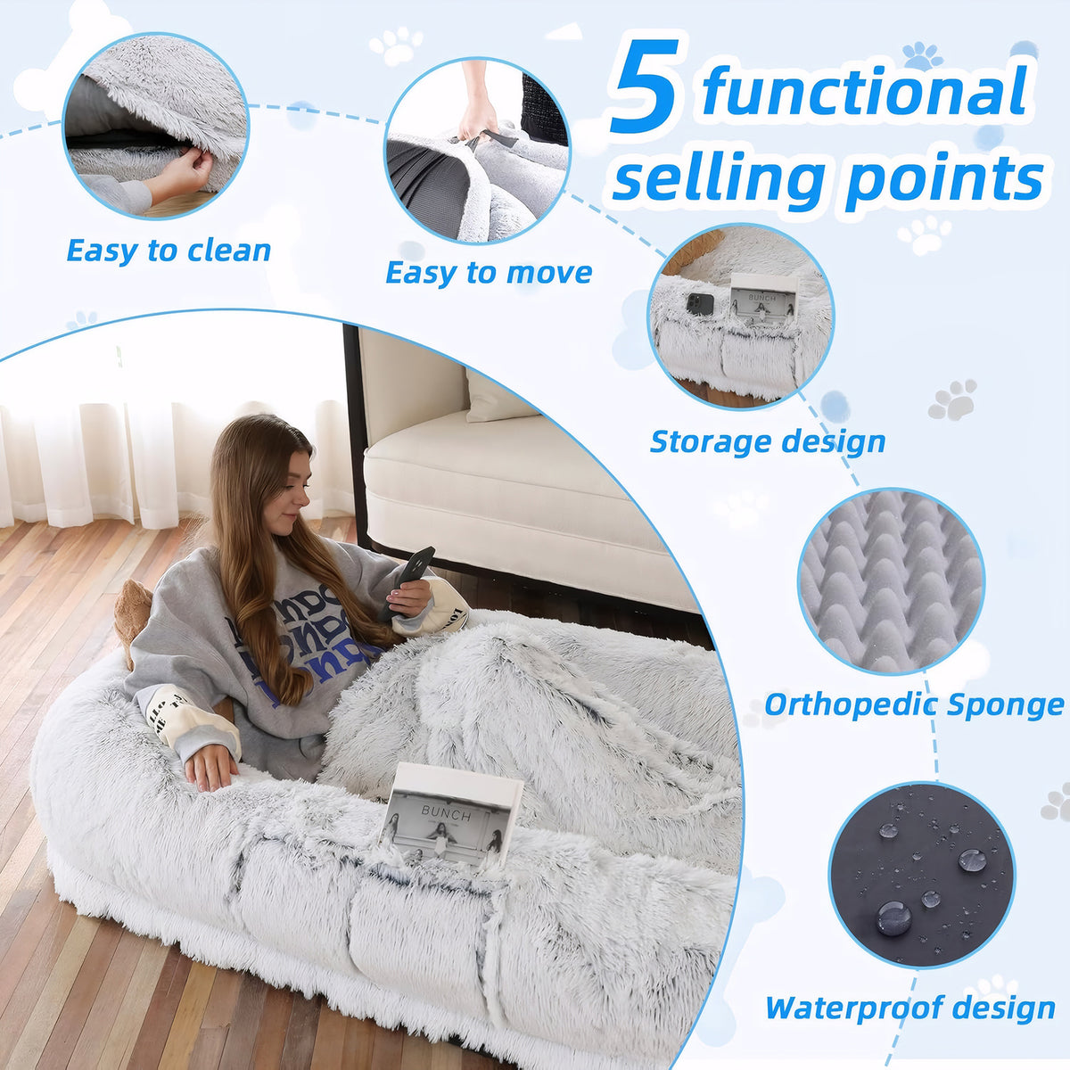 Human Dog Bed, Washable Faux Fur Dog Bed for People Doze Off, Napping Orthopedic Dog Bed,71''x45''x14'' Size Fits You an