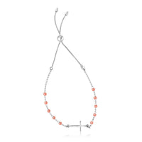 Sterling Silver White and Rose Finish Adjustable Bracelet with Cross