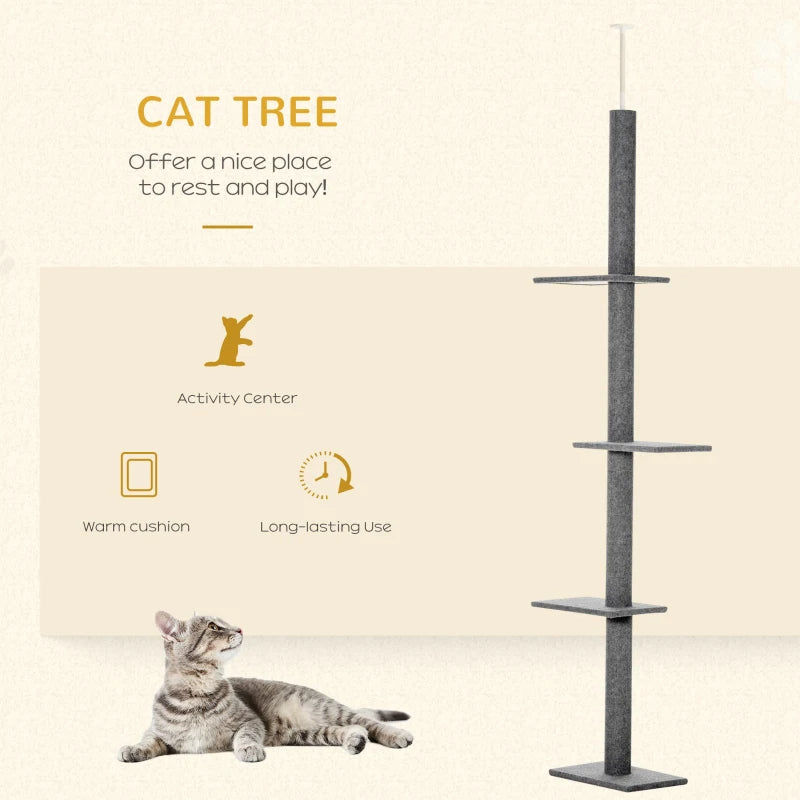 PawHut Floor-to-Ceiling Cat Tree Cat Climbing Tower With Sisal-Covered Scratching Posts Natural Cat Tree Activity Center