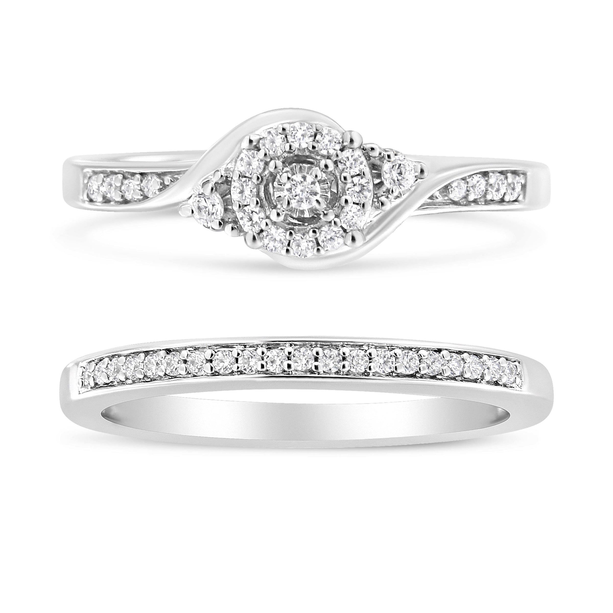 .925 Sterling Silver 1/4 Cttw Diamond Halo and Swirl Engagement Ring and Wedding Band Set (I-J Color, I3 Clarity)- Ring Size 7