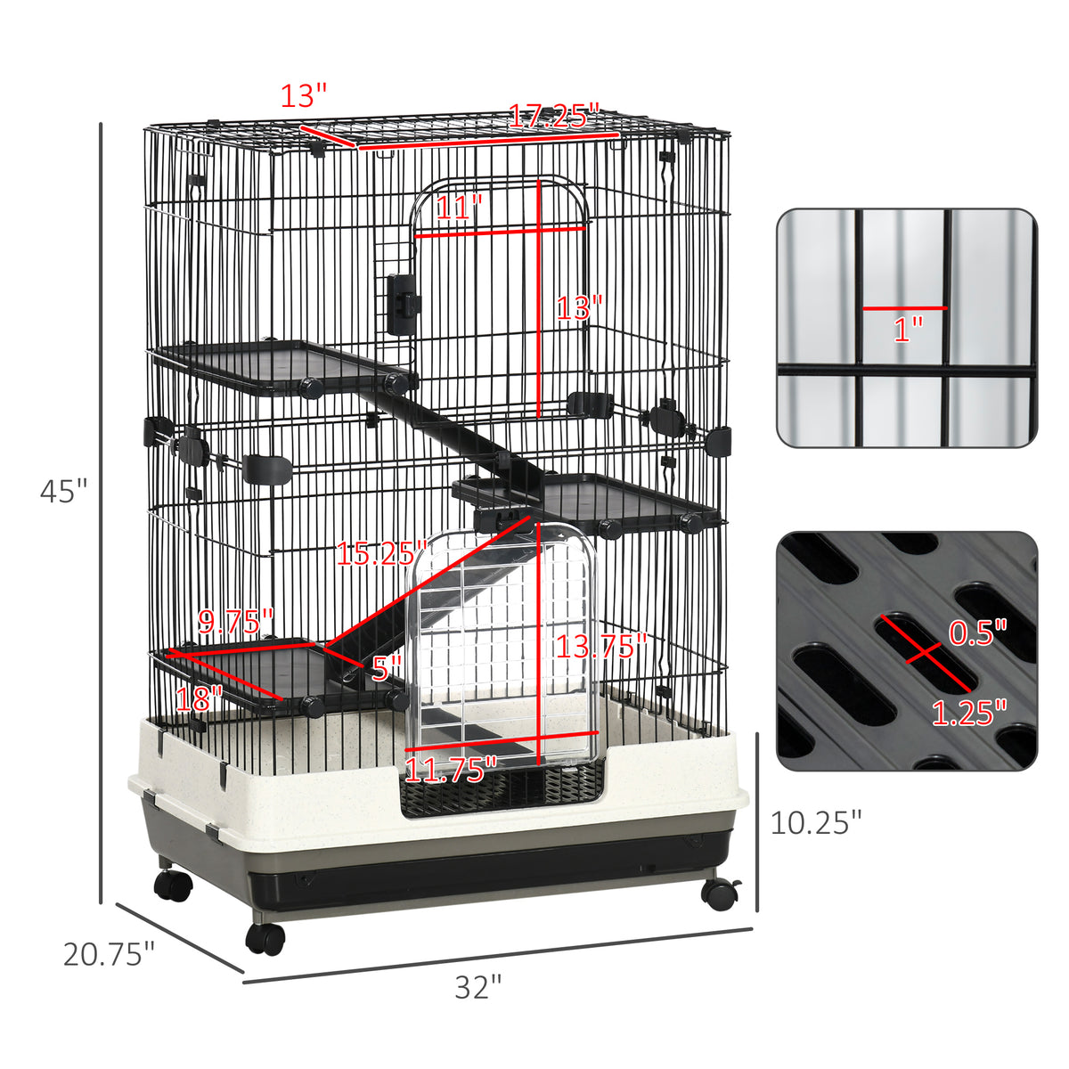 32"L 4-Level Small Animal Cage Rabbit Hutch with Universal Lockable Wheels, Slide-out Tray for Bunny, Chinchillas, Ferre
