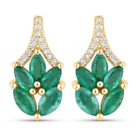 0.91 Carat Genuine Zambian Emerald and White Diamond 14K Yellow Gold Earrings