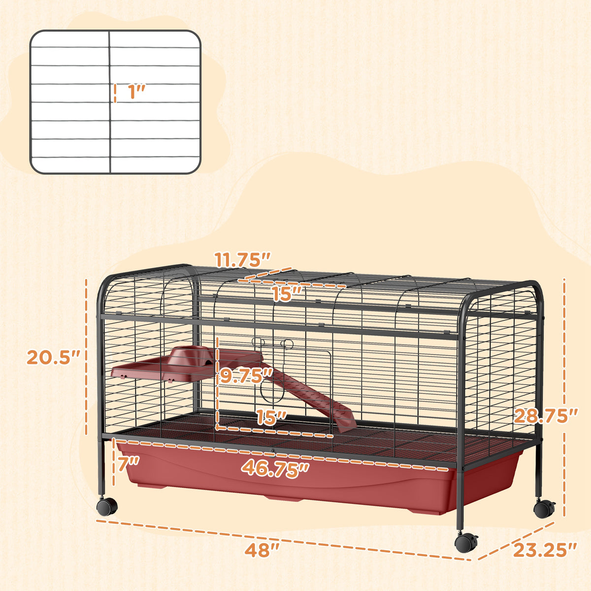 48" L Small Animal Cage, Pet Play House for Rabbit Hutch or Ferret with Feeder, Rolling Wheels, Platform, Ramp