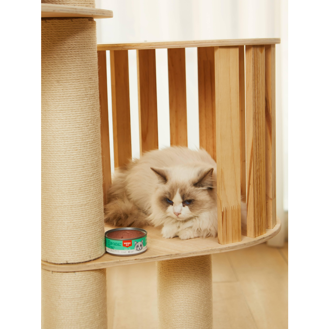 Modern Plain Waterproof Freestanding Cat Tree - 5-Tier, 102-118 In Adjustable Ceiling-to-Floor, Hemp Scratching Post, Ch