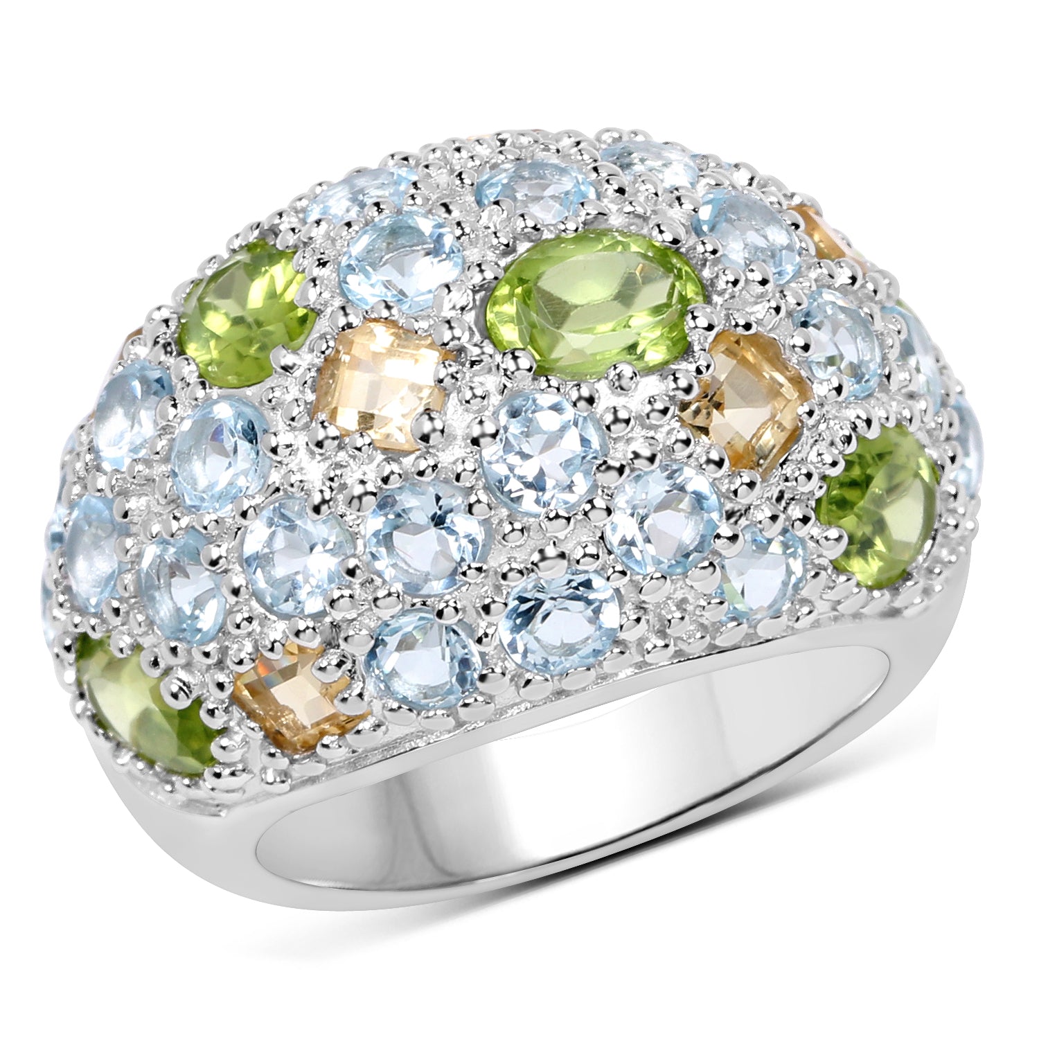 11.38 Carat Genuine Peridot, Citrine and Blue Topaz .925 Sterling Silver Ring