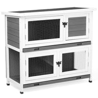 2 Story Solid Wood Rabbit Hutch Bunny Cage with 2 Large Main Rooms, Indoor Outdoor Rabbit House Guinea Pig Cage Pet Hous