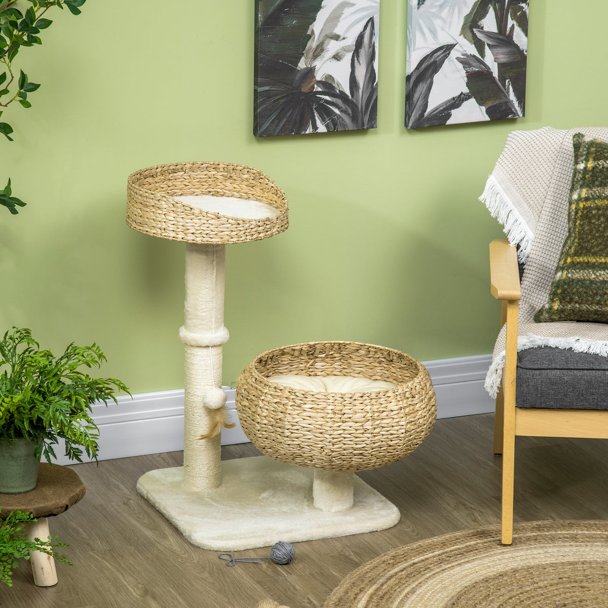 28" Elevated Cat Bed with Sisal Scratching Post for Indoor Kitties, Modern Cat Tree with Cute Basket Design, Small Cat T