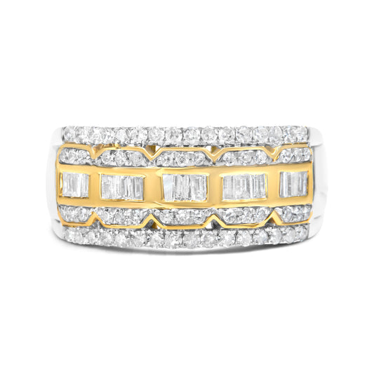 10K White and Yellow Gold 1.00 Cttw Baguette and Round cut Diamond Art Deco Multi-Row Ring Band (I-J Color, I1-I2 Clarity) - Ring Size 7
