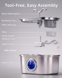 Stainless Steel Cat Water Fountain, 108oz-3.2L Pet Water Fountain For Cats Indoor, With Dual Spouts For Multiple Cats, Ultra-Quiet Automatic Dog Water Dispenser