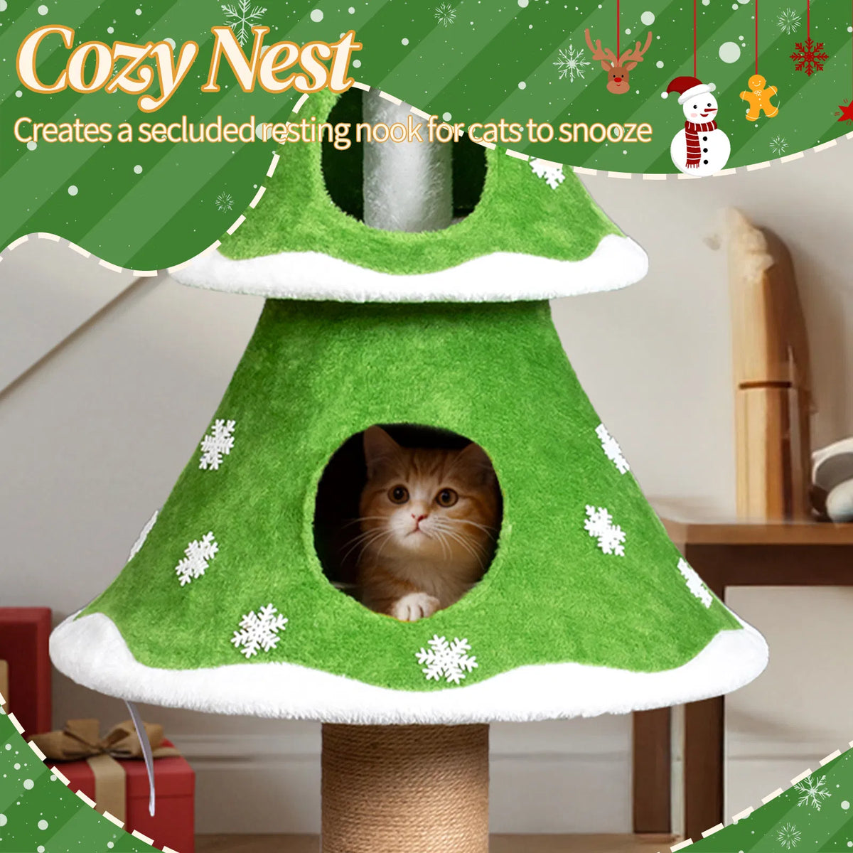 59in Large Tall Christmas Tree Cat Tower with 2 Cat Condos & Scratching Post, Soft Fleece Cat Tree with Teaser Toy & Stu