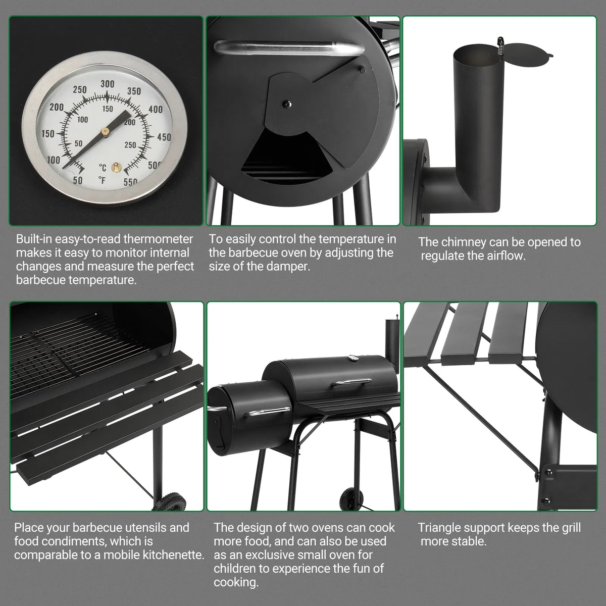 Barrel Charcoal Grill with Offset Smoker, All Metal Outdoor Smoker with Side Table and Wheels for Outdoor Garden Patio a
