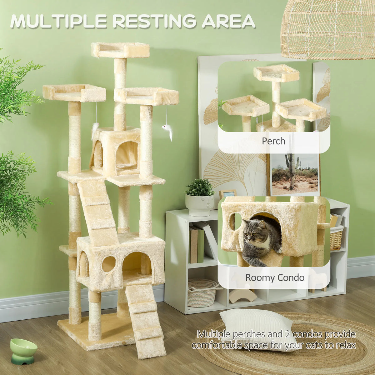68-inch Multi-Level Cat Scratching Tree Kitty Activity Center Post Tower Condo Pet Furniture w/ Toy Beige