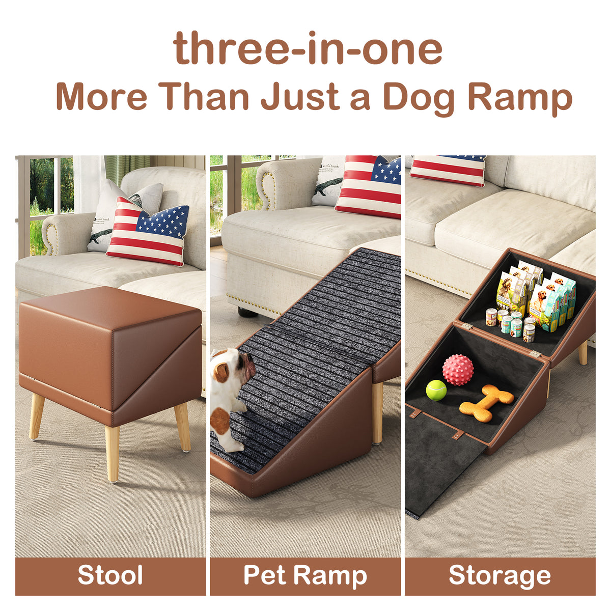 3-in-1 Dog Ramp 18.89"×17.91"×20.08" with Storage – Pet Stairs for Senior & Injured Dogs & Cats, Hidden Storage Footstoo