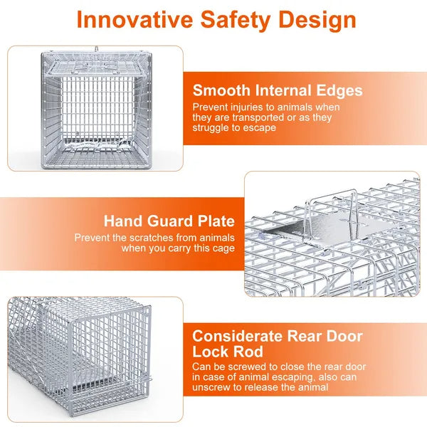 Live Animal Trap Cage 37x14x15in Folding Catch And Release Humane Cat Trap Galvanized Iron For Raccoons Foxes Coyotes St
