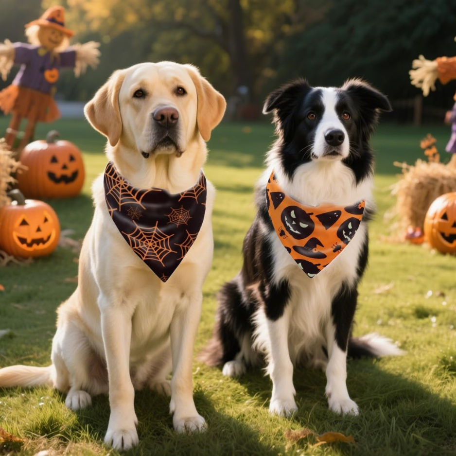 Dog Bandanas 2PCS Halloween Pumpkin Spider Web Large Dogs