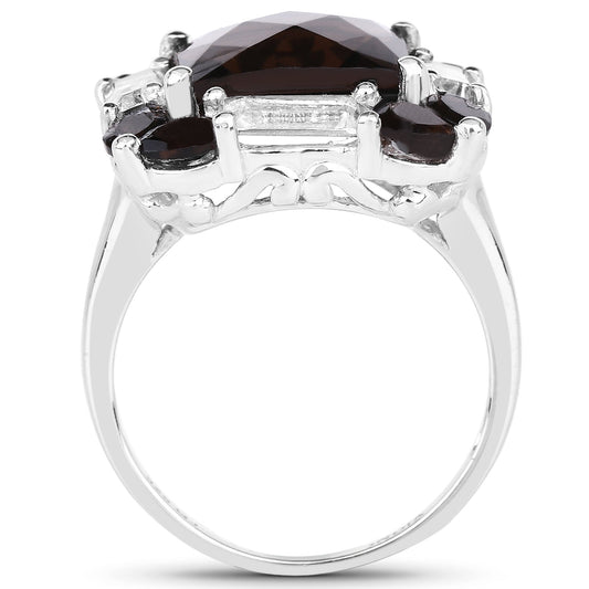 7.43 Carat Genuine Smoky Quartz & White Topaz .925 Sterling Silver Ring