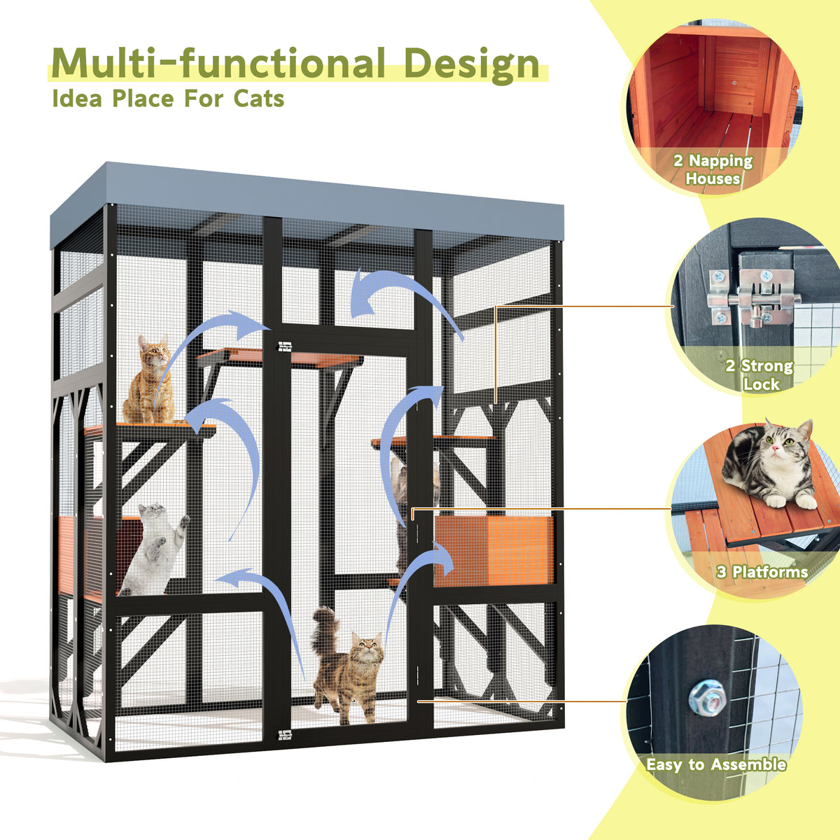 Large Outdoor Cat Enclosure Catio with 5 Platforms & 2 Napping Houses, Secure Metal Wire, Easy Assembly for Indoor & Out