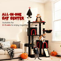 Gothic Cat Tree, Cat Tower With Coffin Bed, 2 Spacious Condos, Sisal Scratching Posts, Bat Hanging Balls, Halloween