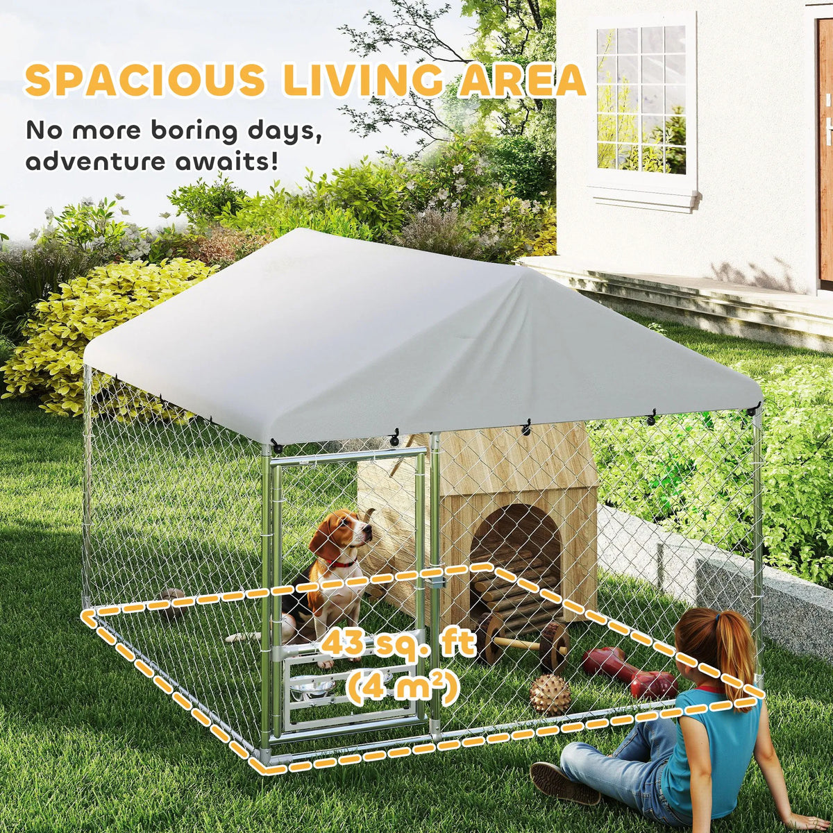 Outdoor Dog Run w/ Adjustable & Rotating Bowls, Waterproof UV-Resistant Cover, Secure Lock, 6.6' x 6.6' x 5.1'