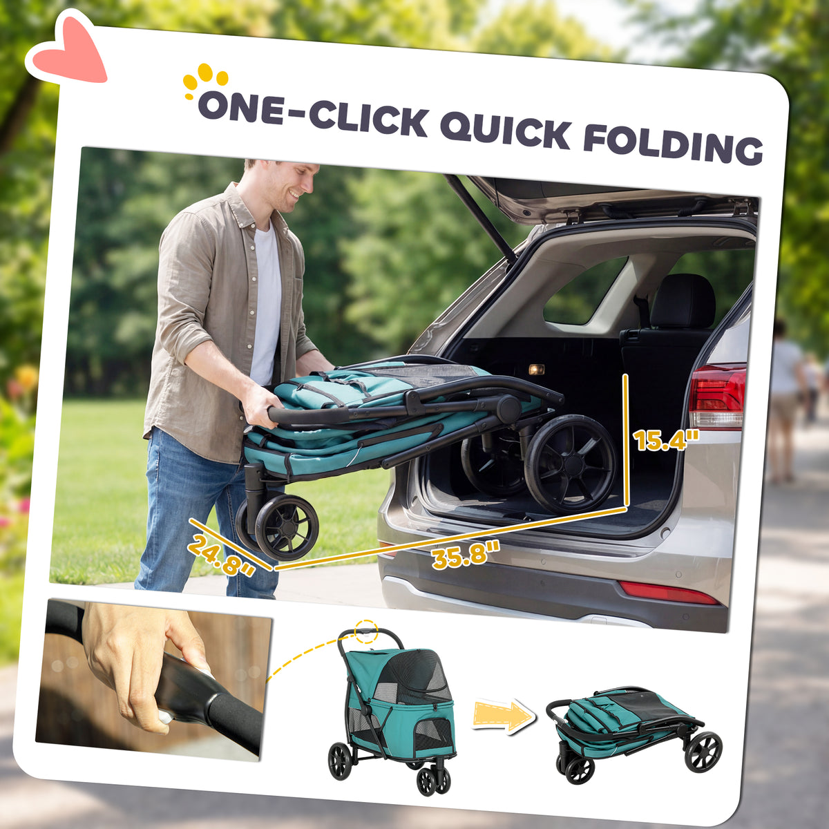 3 Wheel Pet Stroller with Easy One-Click Quick Fold, Mesh Window, Washable Cushion, for Medium Dogs, Dark Green