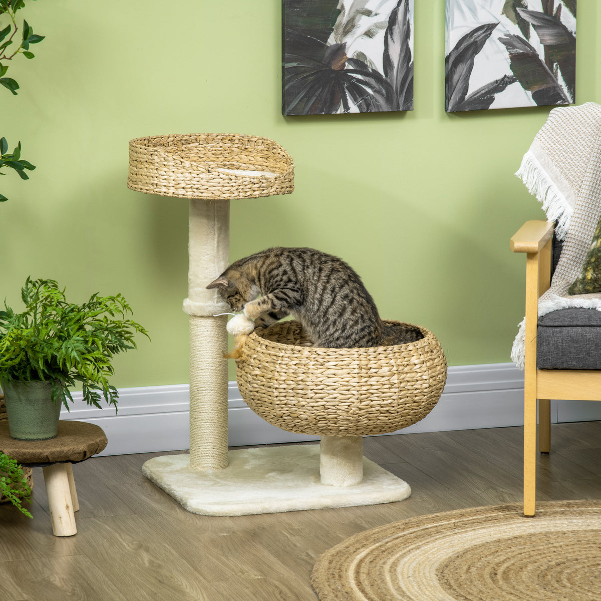 28" Elevated Cat Bed with Sisal Scratching Post for Indoor Kitties, Modern Cat Tree with Cute Basket Design, Small Cat T