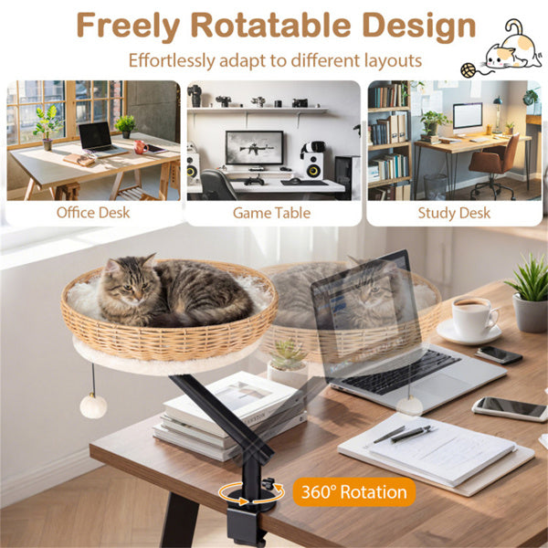 360 Rotatable Desktop Cat Bed Perch, 2-in-1 Workspace Cat Retreat With Jingling Ball Natural Black White