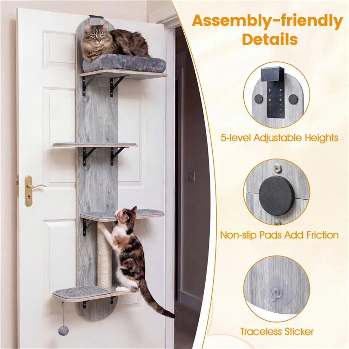 Door Hanging Cat Tree 5-Level Height Adjustable 4-Tier Climber No-Drill for Apartment Grey