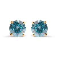 14K Yellow Gold 1.0 Cttw Treated Aqua Blue Diamond Classic Solitaire Stud Earrings (Aqua Blue Color, I2-I3 Clarity)
