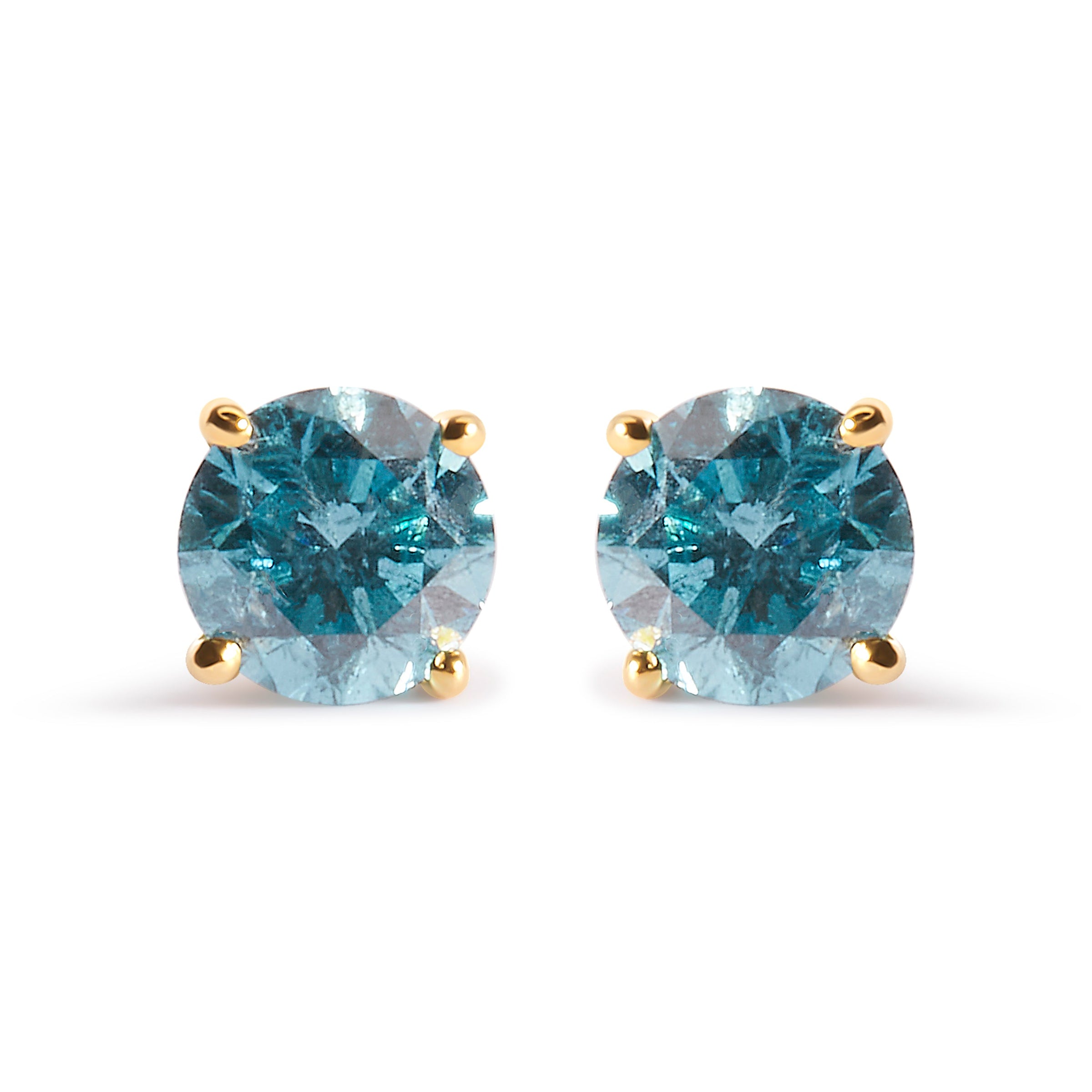 14K Yellow Gold 1.0 Cttw Treated Aqua Blue Diamond Classic Solitaire Stud Earrings (Aqua Blue Color, I2-I3 Clarity)