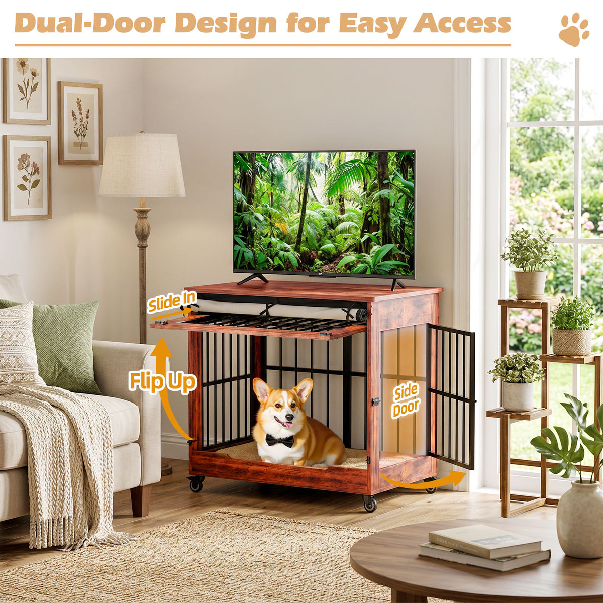 32in Dog Crate Furniture, Double Door Wooden Indoor Dog Kennel Furniture, Decorative Pet Cage End Table With Wheels For 