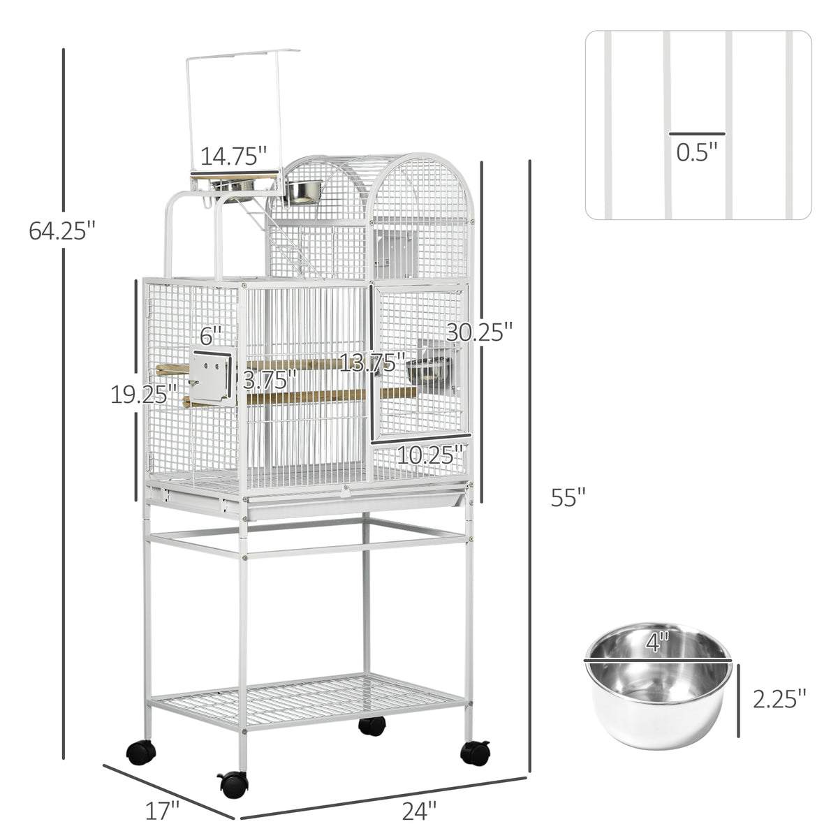 55" Large Parrot Cage with Toy Hooks Above Top Bird Perch, Tray, Food Cups, Rolling Stand, Bird Cage for Cockatiels, Par