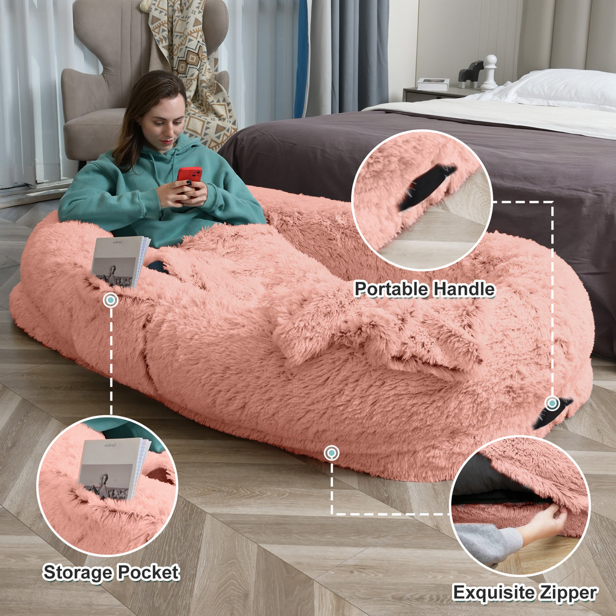 Human Dog Bed - 63 In X 31.4 In X 9.5 In Washable Faux Fur Lounger For Adults & Pets, Cushion With Orthopedic Support, I