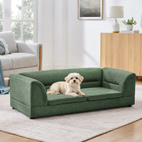 Oversized Pet Sofa, Curved Armrest Rectangular Dog Sofa, Linen Fabric Comfort Pet Couch for Large & Oversized Dogs-Olive