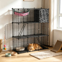 3-Level Metal Cat Cage Enclosure, Modular Pet Habitat with 3 Doors, 2 Ladders, Plush Hammock and Toy Ball for Small Indo