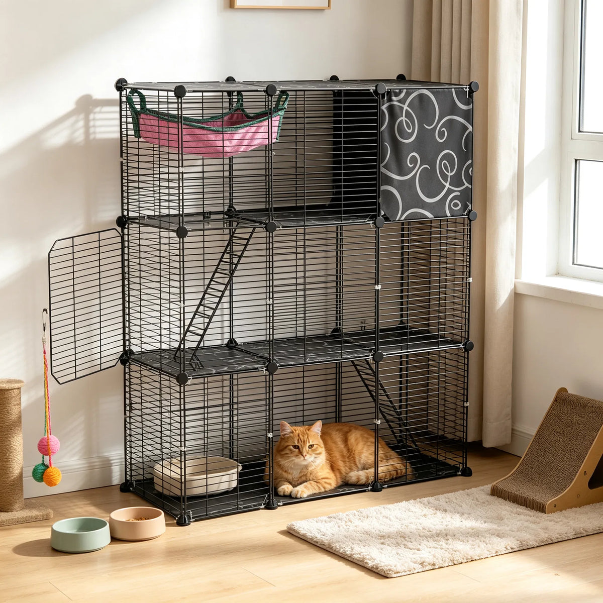 3-Level Metal Cat Cage Enclosure, Modular Pet Habitat with 3 Doors, 2 Ladders, Plush Hammock and Toy Ball for Small Indo