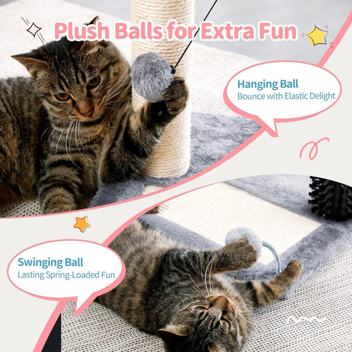 Small 4-in-1 Cat Tree Tower With Self-grooming Brush And Natural Sisal Scratching Post, Soft Plush Cat Bed And Hanging B