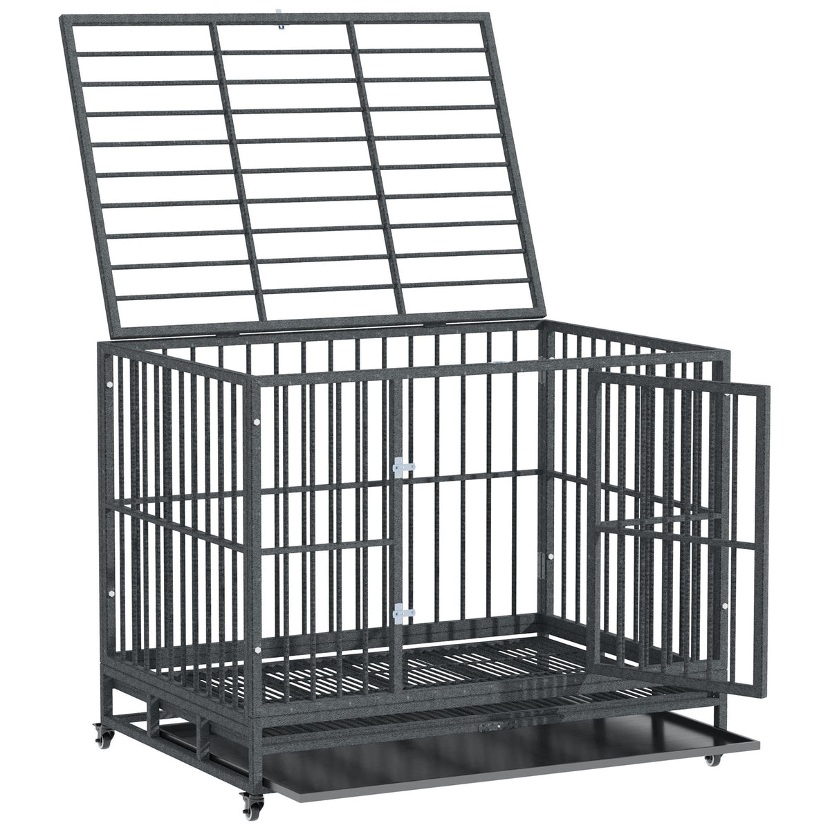 43" Heavy Duty Dog Crate Metal Cage Kennel with Lockable Wheels, Double Door and Removable Tray, Gray