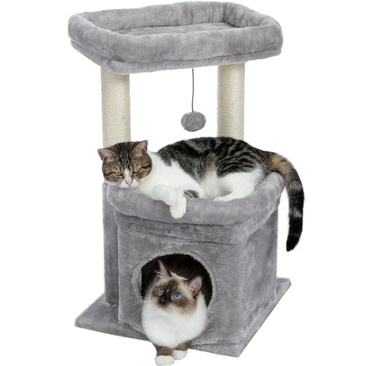 Cozy Gray Cat Tree Condo - 27" Multi-Level Tower with Spacious Perch and Scratching Posts for Kittens and Medium Cats - BIG FRENCHIES