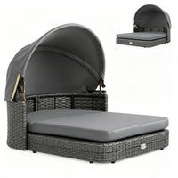 Gray Hand-Woven PE Rattan Dog Bed with Adjustable Canopy, Elevated Outdoor Pet Daybed with Washable Plush Cushion, Anti-