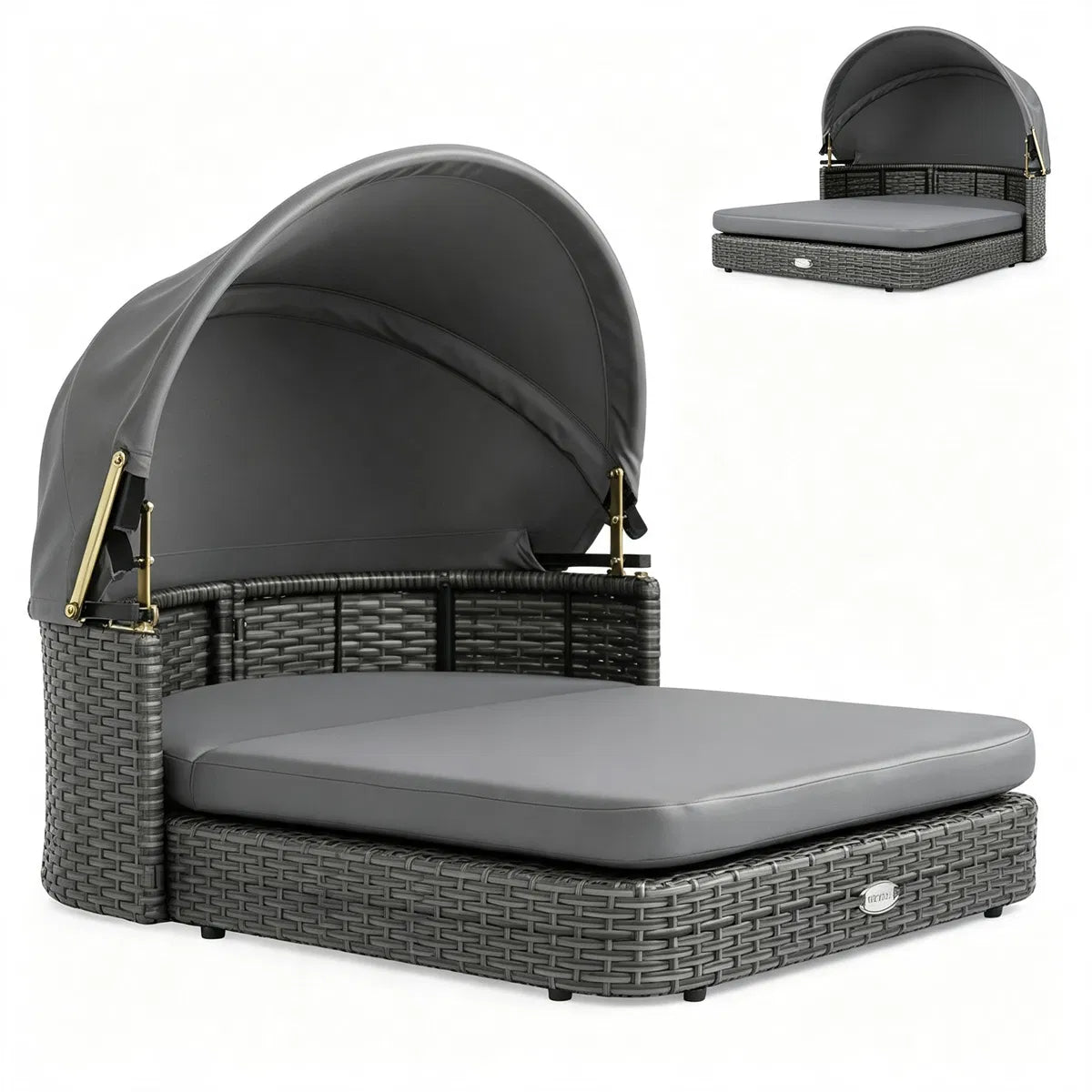 Gray Hand-Woven PE Rattan Dog Bed with Adjustable Canopy, Elevated Outdoor Pet Daybed with Washable Plush Cushion, Anti-