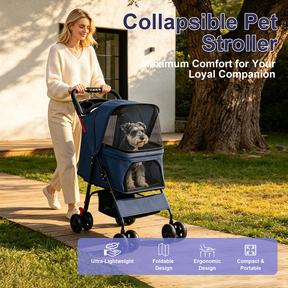 Foldable Pet Stroller for Small Dogs and Cats Under 28 lbs with Multi-Functional Tray, 2 Safety Leashes, Storage Basket 