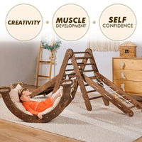 5in1 Montessori Climbing Set: Triangle Ladder, Climbing Arch, Slide, Net & Cushion – Chocolate