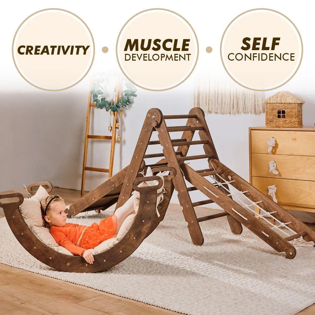 5in1 Montessori Climbing Set: Triangle Ladder, Climbing Arch, Slide, Net & Cushion – Chocolate