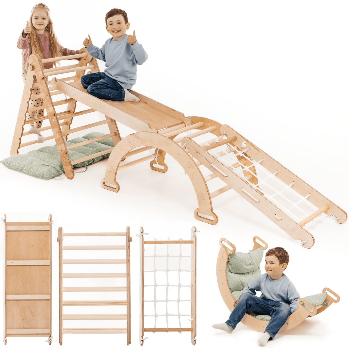 5in1 Montessori Climbing Set: Triangle Ladder + Arch/Rocker + Slide Board/Ramp + Netting rope + Cushion